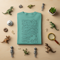 Alien and Dinosaur funny line art graphic tee, back view
