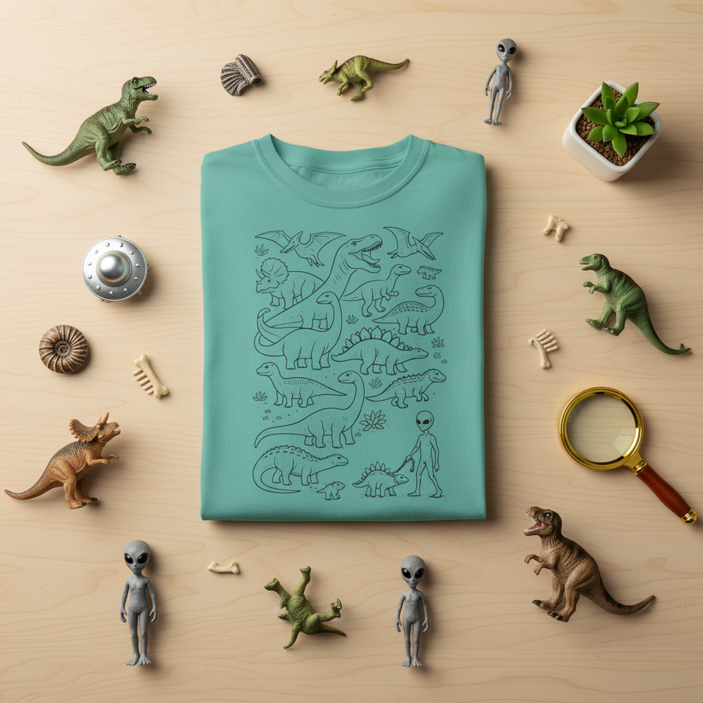 Alien and Dinosaur Line Art Graphic T-Shirt