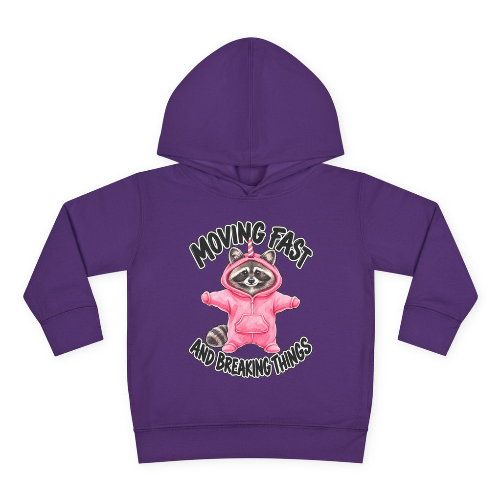 A purple kids' pullover hoodie with a graphic of a raccoon in a pink hoodie and the text 'MOVING FAST AND BREAKING THINGS' on the front, shown against a plain white background.