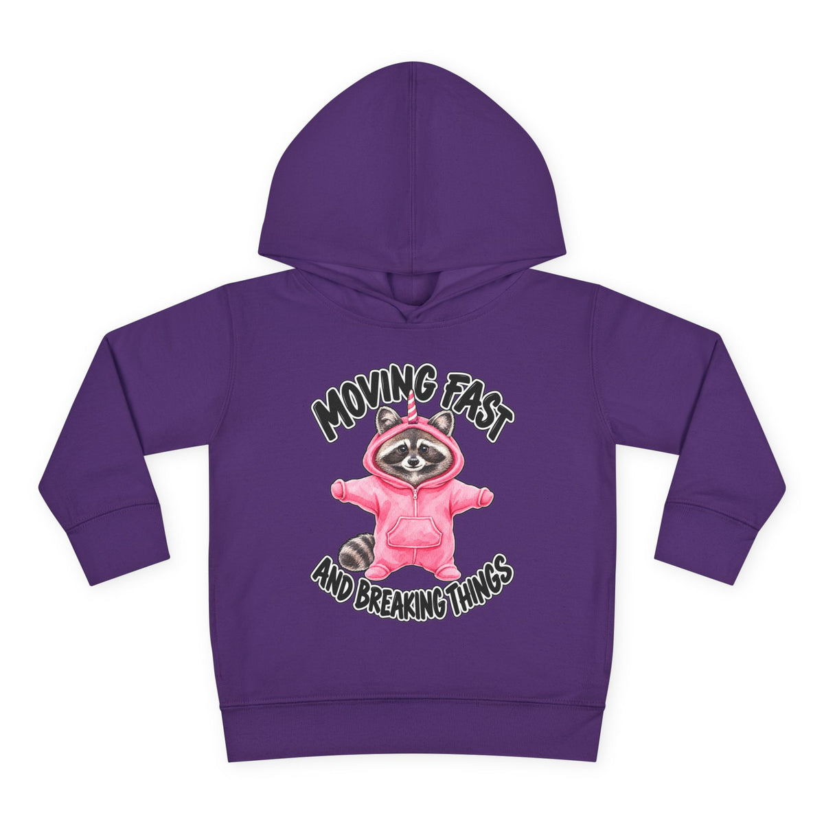 A purple kids' pullover hoodie with a graphic of a raccoon in a pink hoodie and the text 'MOVING FAST AND BREAKING THINGS' on the front, shown against a plain white background.