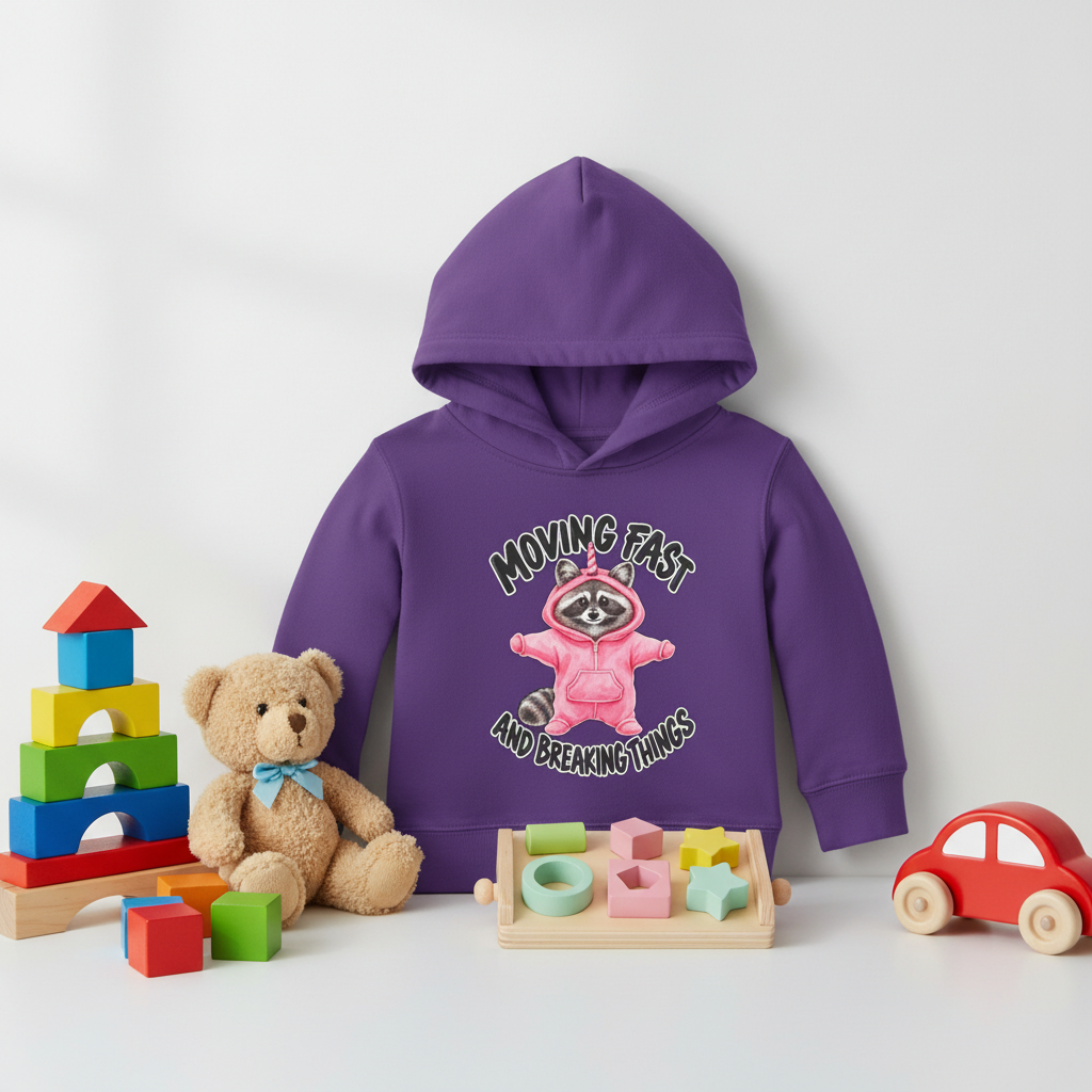 purple childrens hoodie in a display with toys. Hoodie has text that reads: MOVING FAST AND BREAKING THINGS; with a racoon in a pink onesie