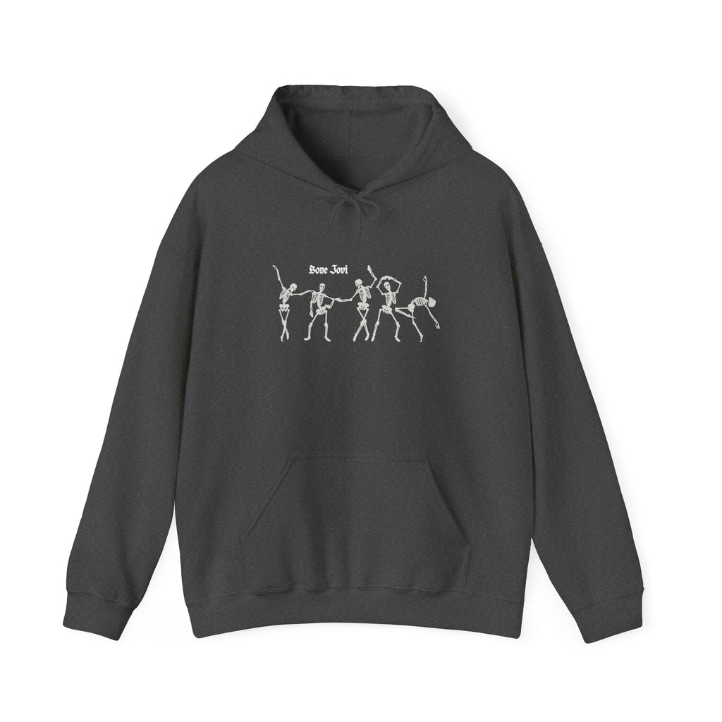 Gray hoodie with 6 dancing white skeletons with the words Bone Jovi against a white background