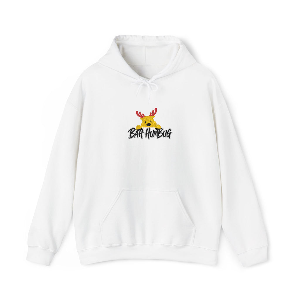 A white pullover hoodie with a front kangaroo pocket and drawstring hood, featuring a small graphic of a reindeer with red antlers and the text 'BAH HUMBUG' printed on the chest.