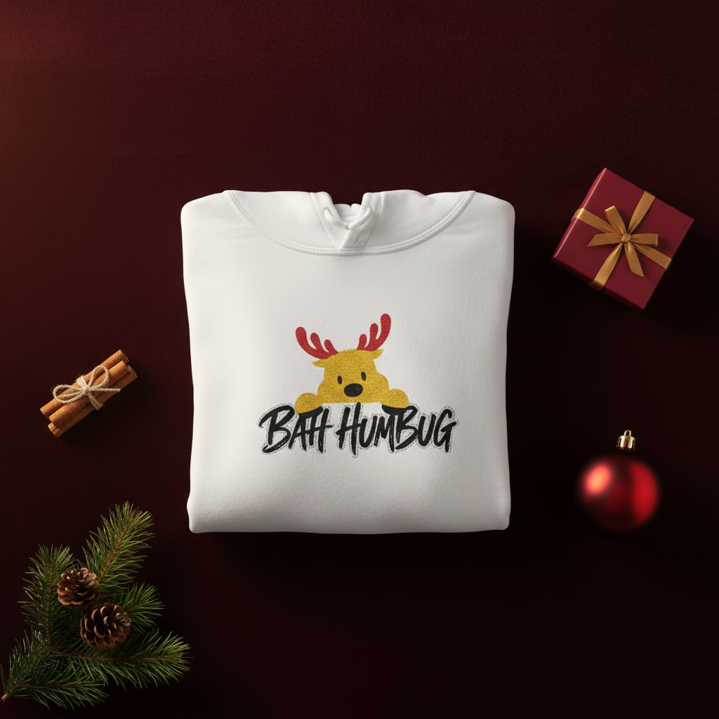 BAH HUMBUG Reindeer Embroidered Hoodie — Funny Holiday Sweatshirt