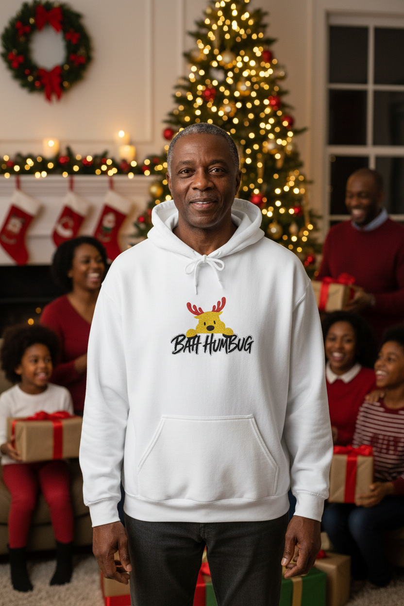 A man wearing a white hoodie with a Christmas reindeer graphic and the text 'BAH HUMBUG' stands in a festive living room with a decorated Christmas tree, fireplace, stockings, and other people holding gift boxes in the background.