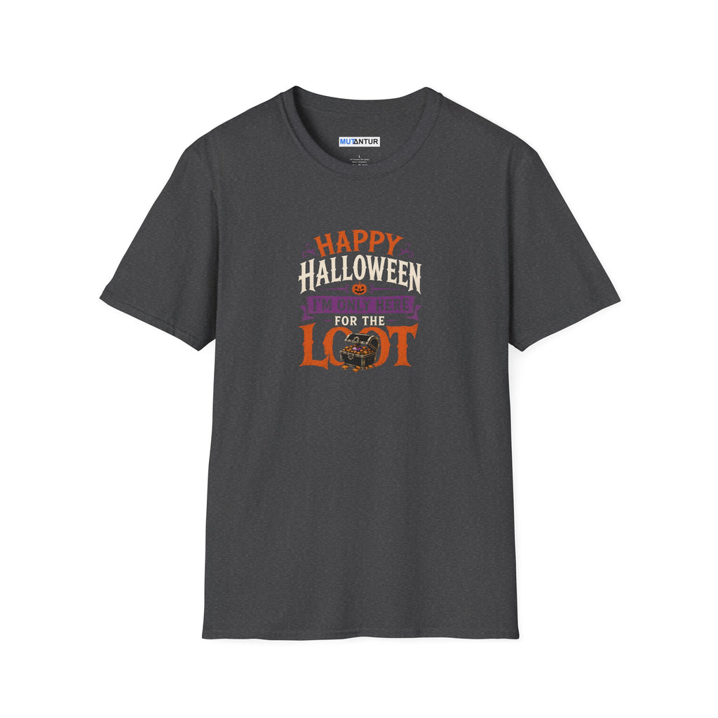 gray  Short sleeved t shirt with colorful Happy Halloween I'm Only Here for The Look