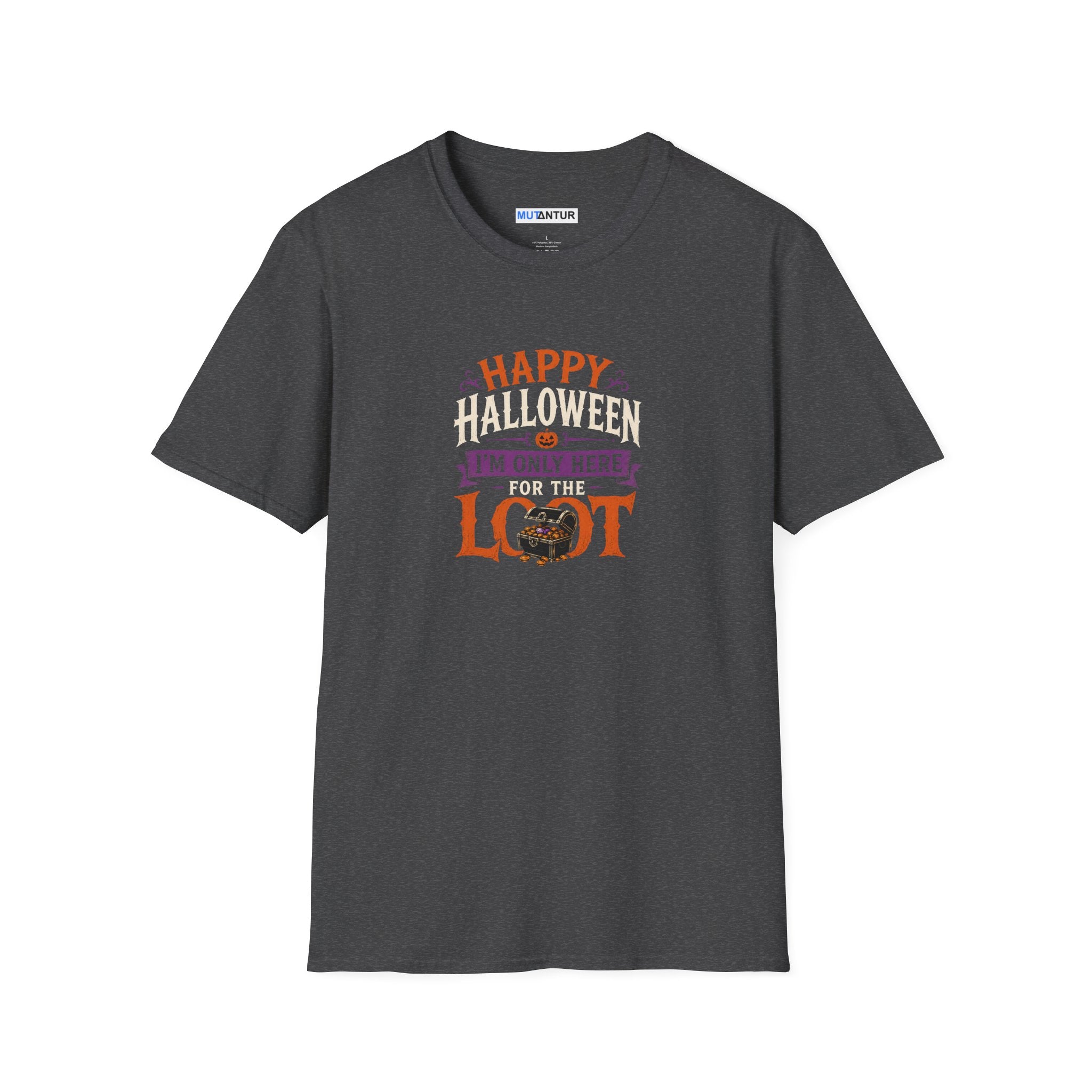 gray  Short sleeved t shirt with colorful Happy Halloween I'm Only Here for The Look
