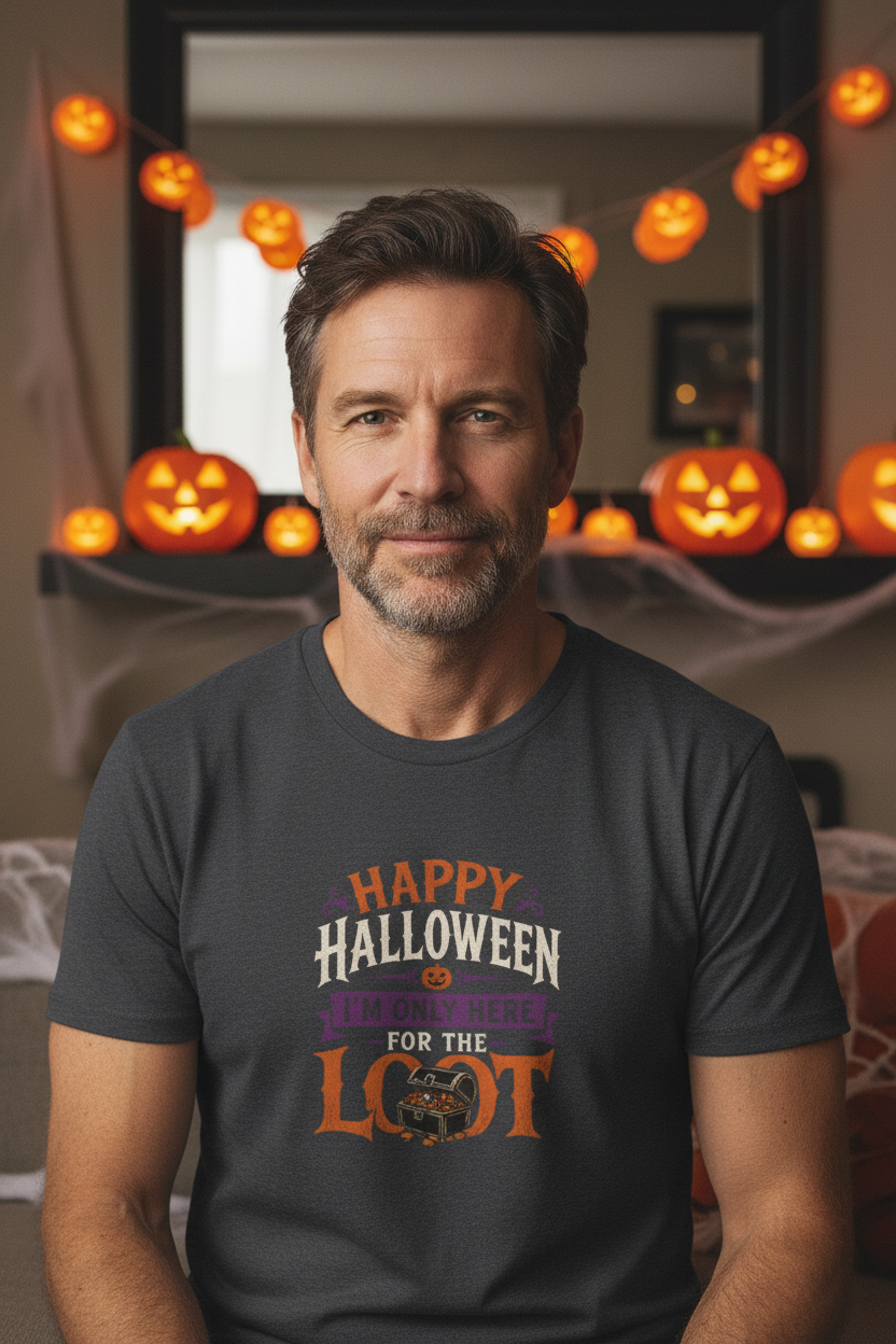 gray  Short sleeved t shirt with colorful Happy Halloween I'm Only Here for The Look
