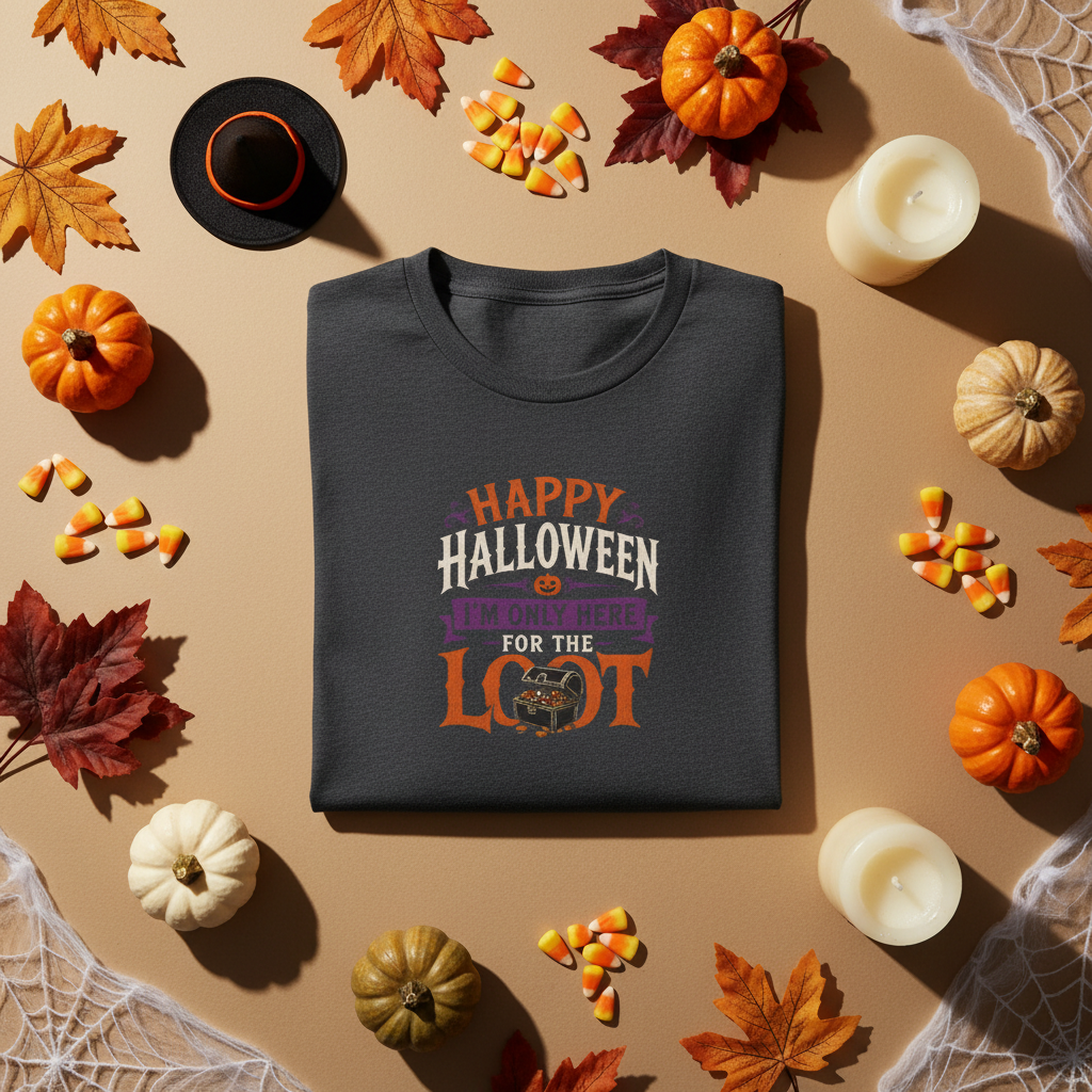 gray  Short sleeved t shirt with colorful Happy Halloween I'm Only Here for The Look