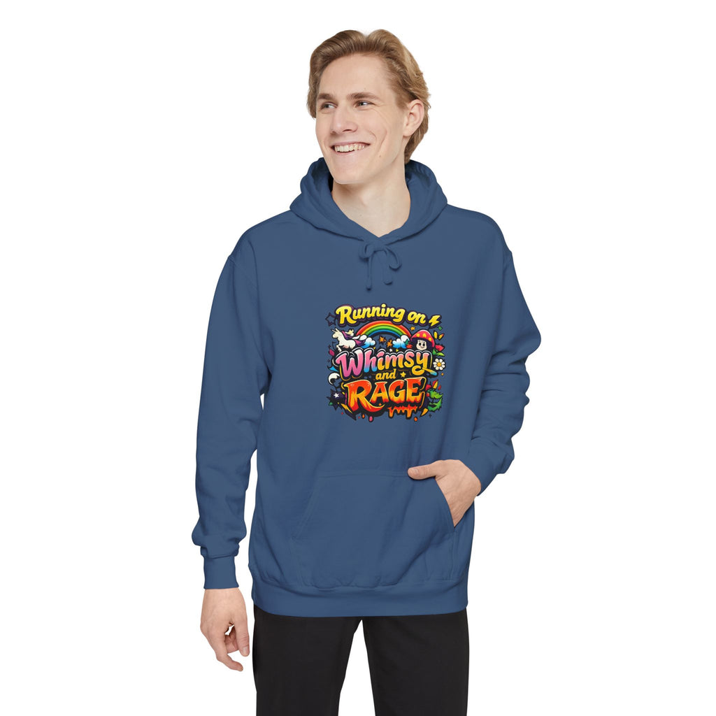 Hoodie — "Running on a Whimsy and Rage" Colorful Graphic Pullover