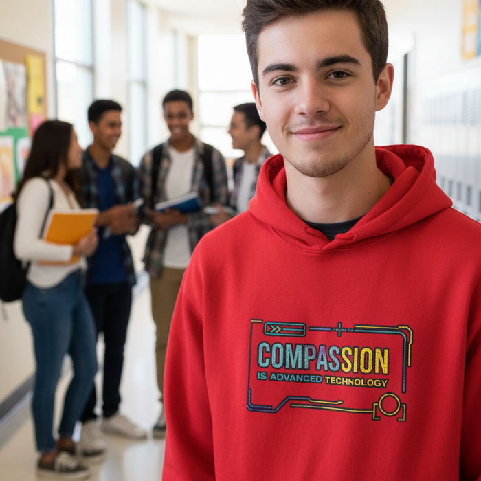 Compassion Is Advanced Technology Hoodie | Embroidered Futurist Pullover