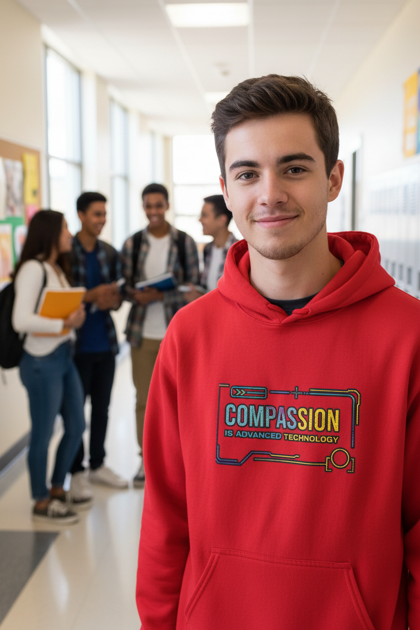 Compassion Is Advanced Technology Hoodie | Embroidered Futurist Pullover