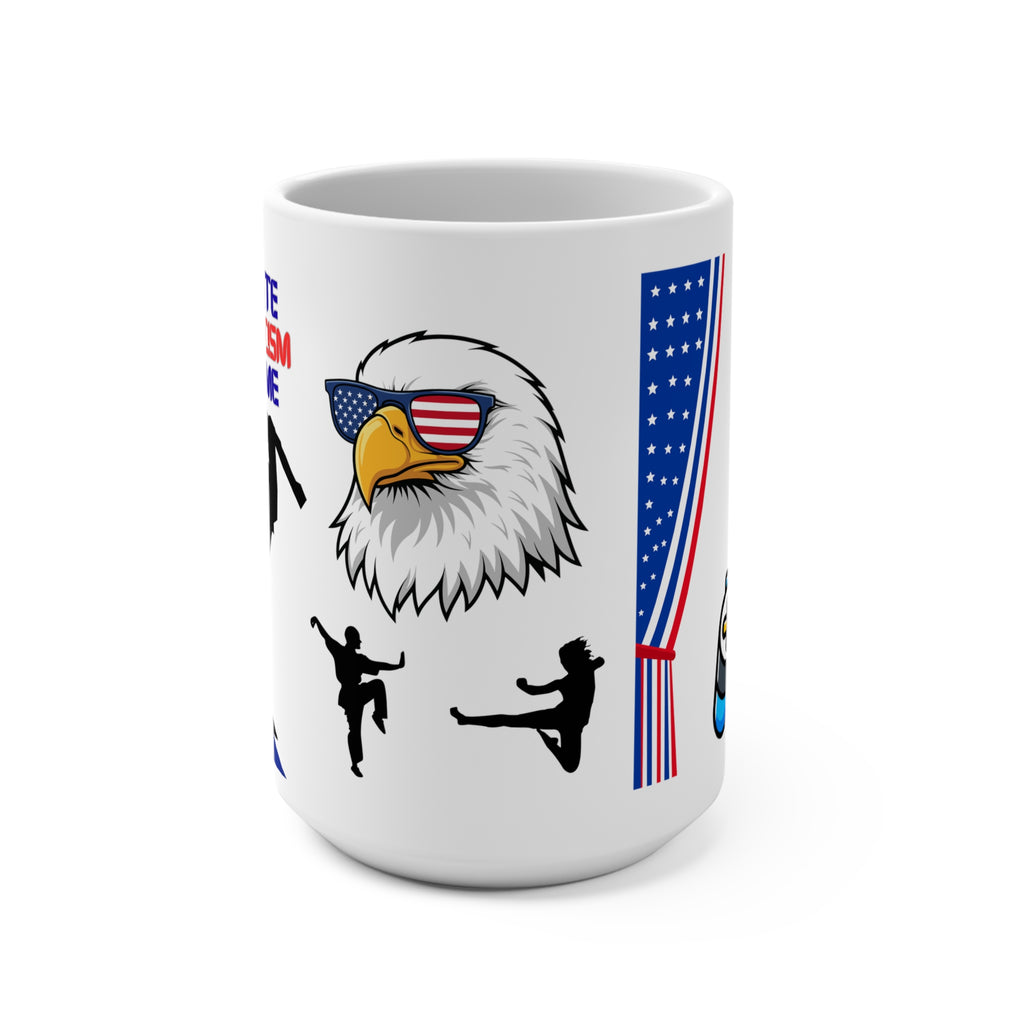 Eagle Mug with American Flag Sunglasses — Caffeinate, Fight Fascism, Play Games 15oz Coffee Cup - Mutantur Labs LLC
