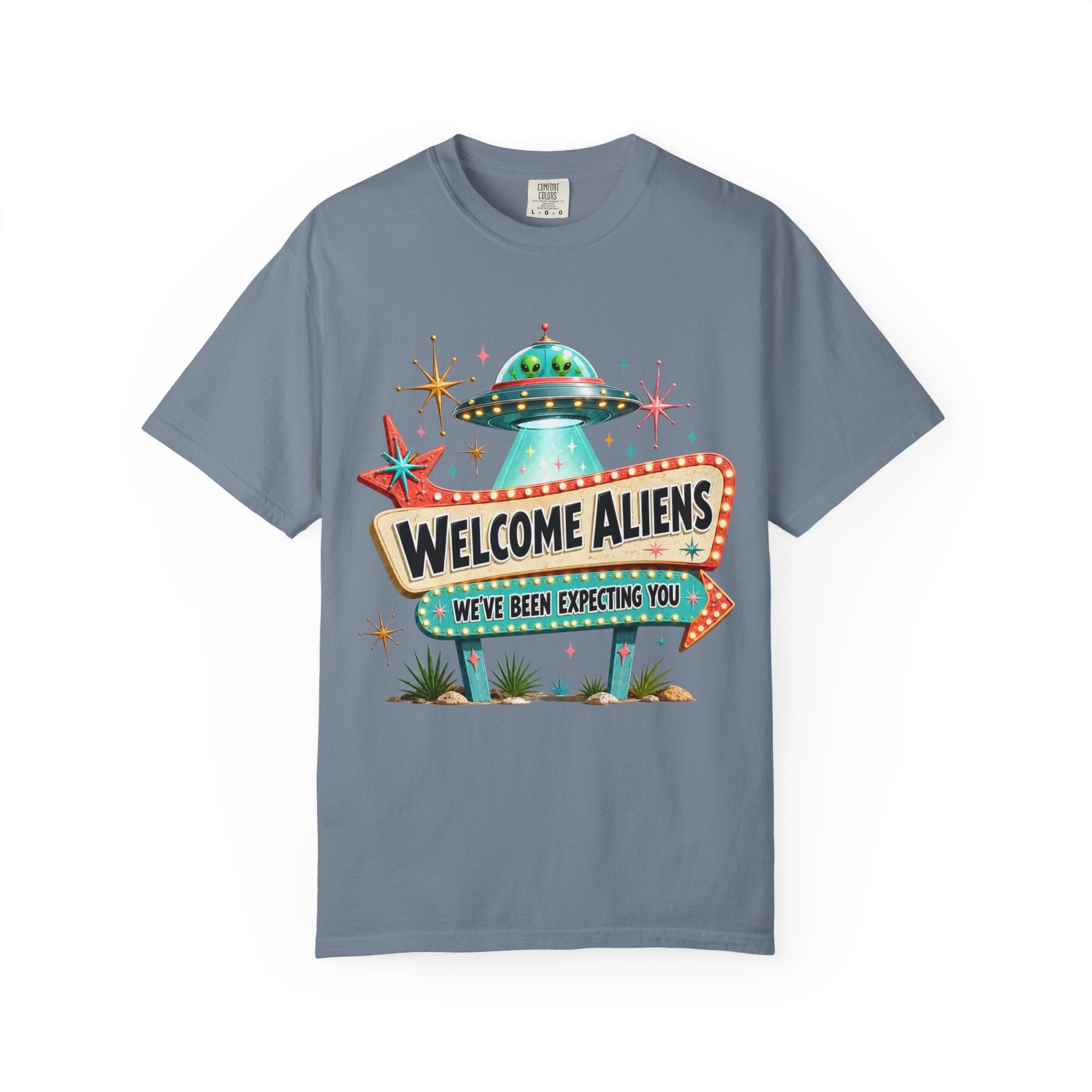 Welcome Aliens retro UFO Las Vegas sign Comfort Colors graphic tee, product shot