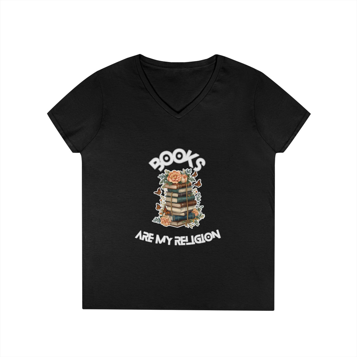 Books Are My Religion floral book stack graphic v-neck tee in black, front view