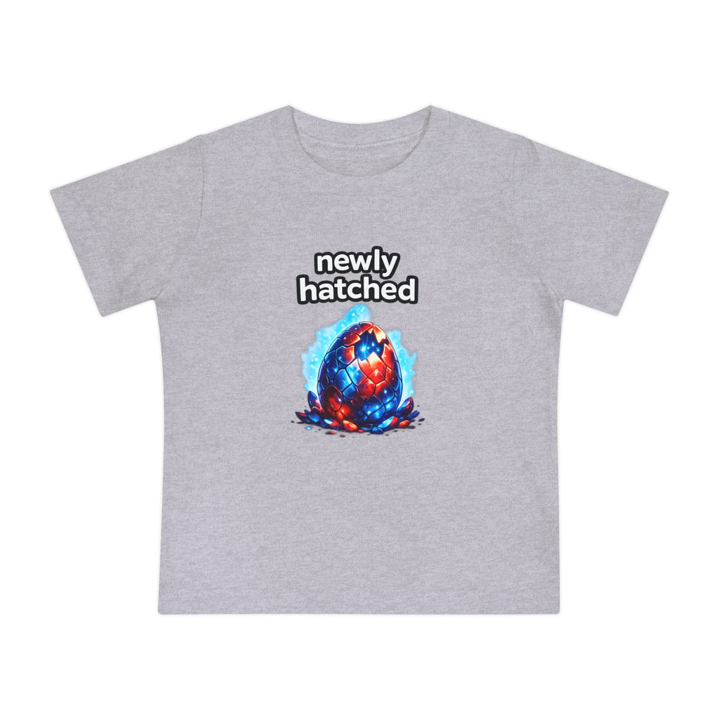 Gray t-shirt with 'newly hatched' graphic and colorful egg design on a white background