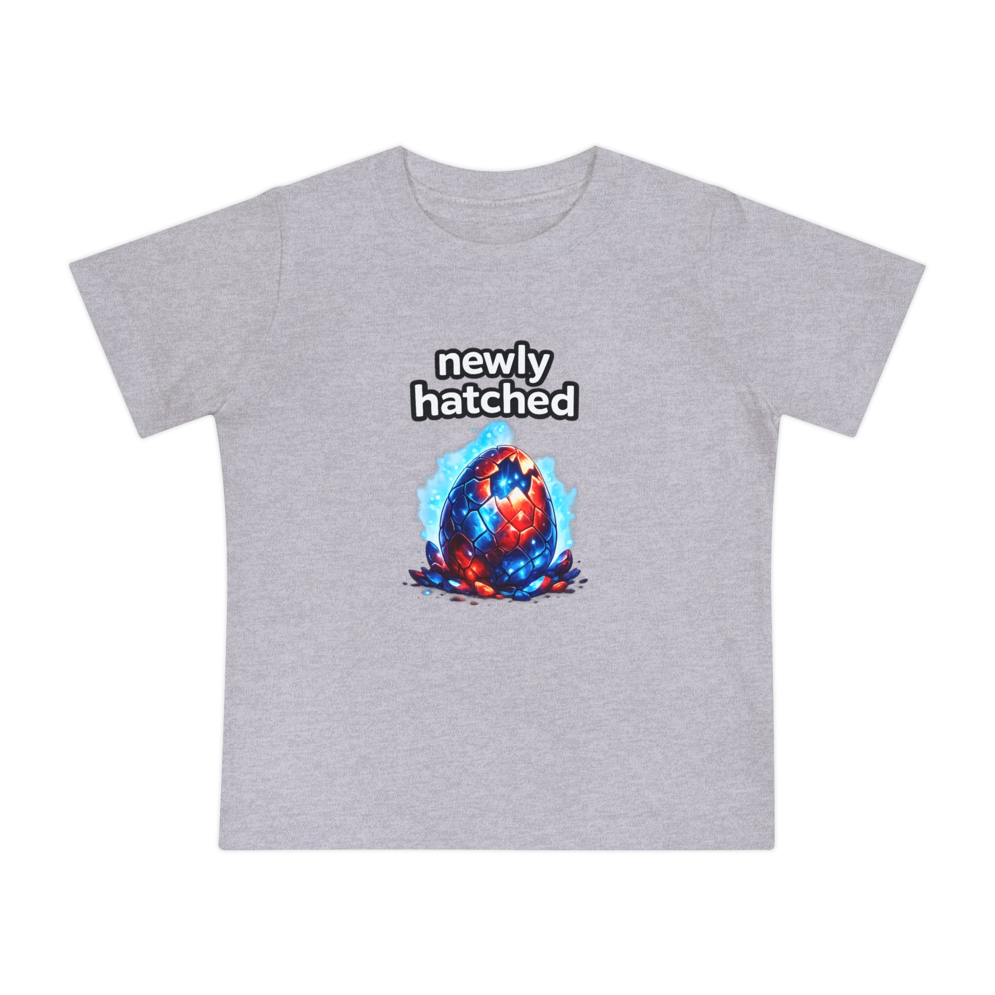 Gray t-shirt with 'newly hatched' graphic and colorful egg design on a white background