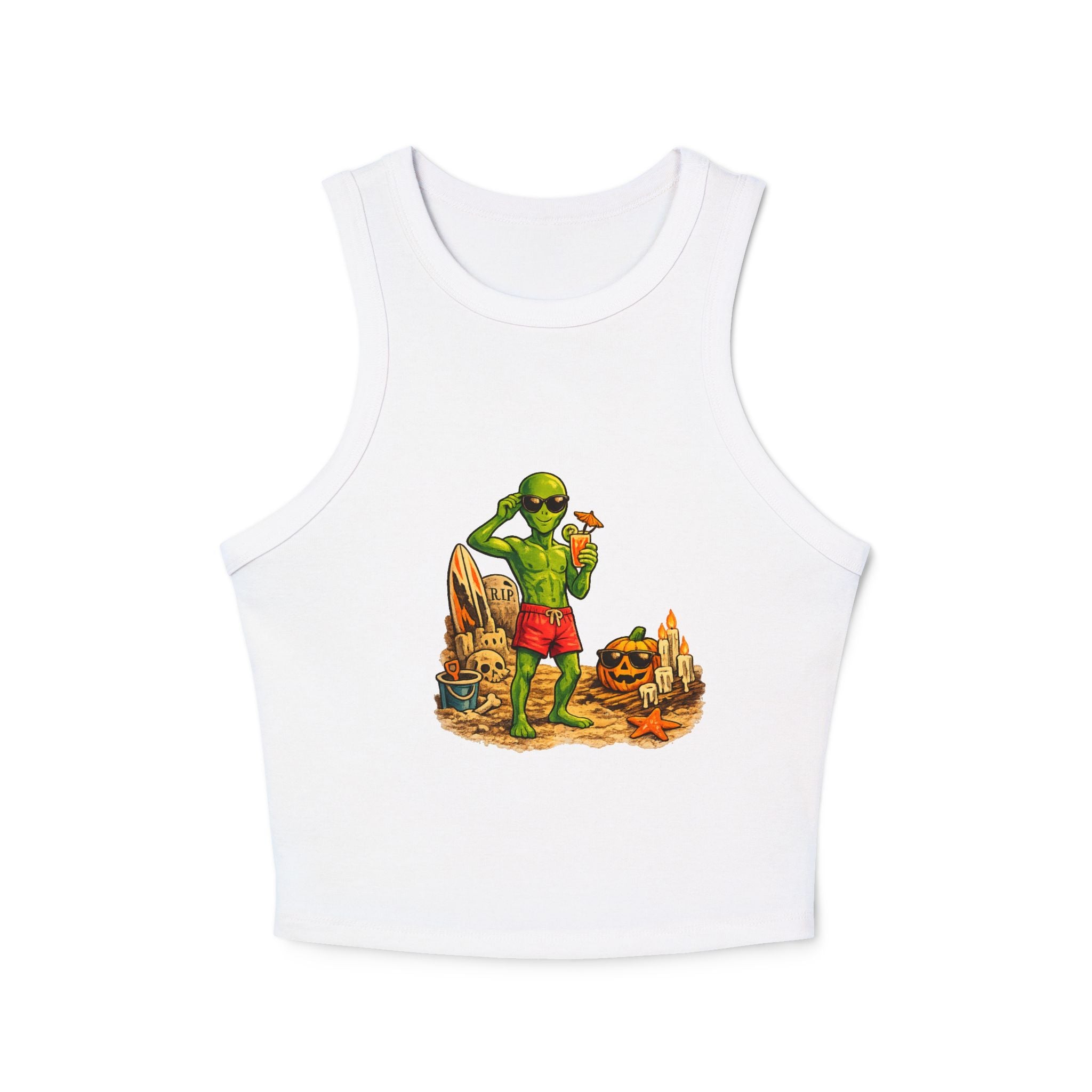 White tank top with a graphic design of an alien in a swimsuit on a white background