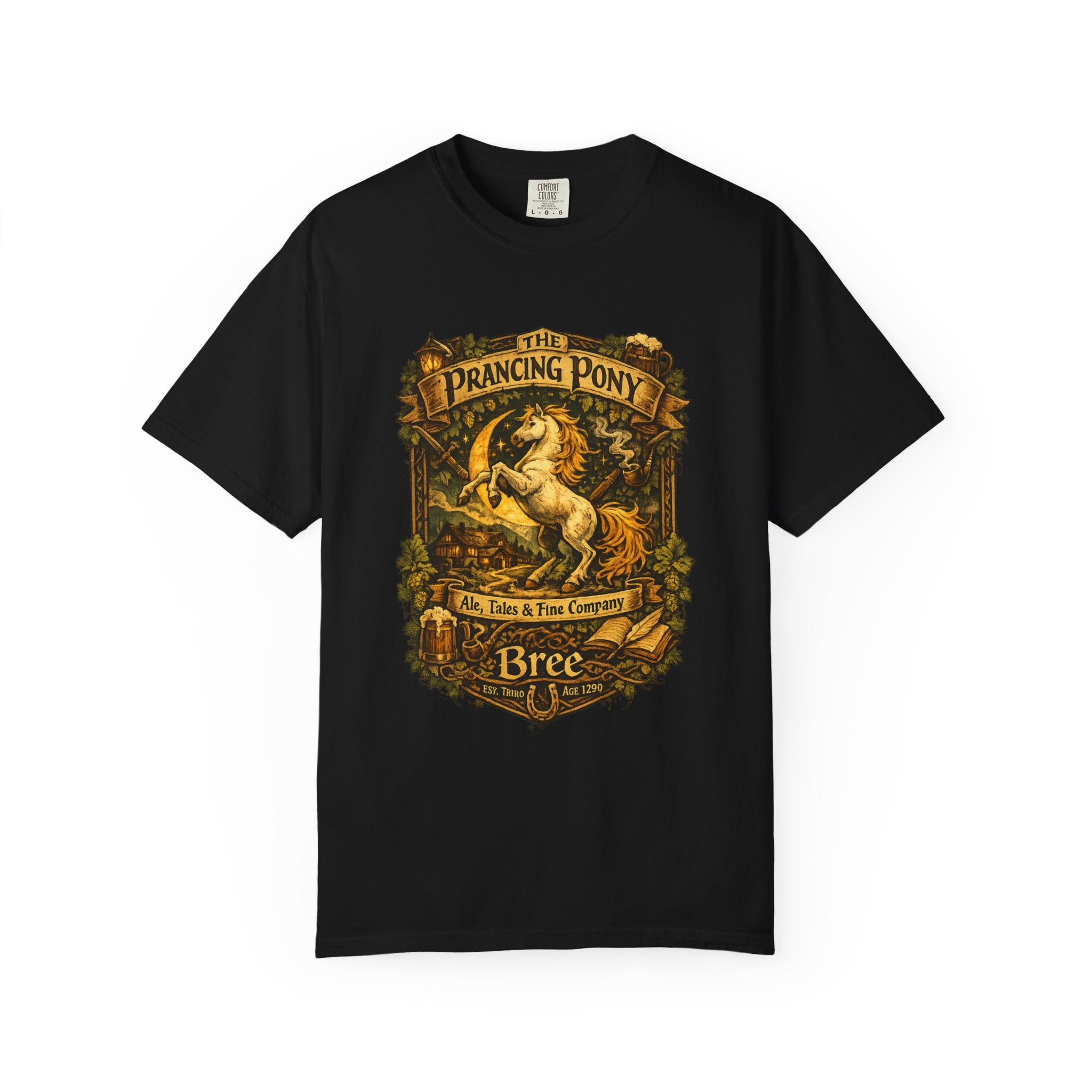 Prancing Pony Fantasy T-Shirt | Vintage Inn Heraldry Graphic Tee - Mutantur Labs LLC