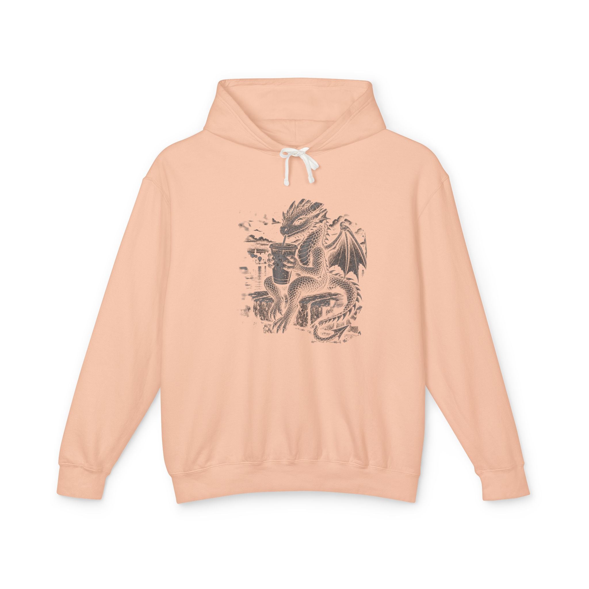 A peach-colored pullover hoodie with a detailed black and gray dragon graphic printed on the chest, shown against a plain white background.