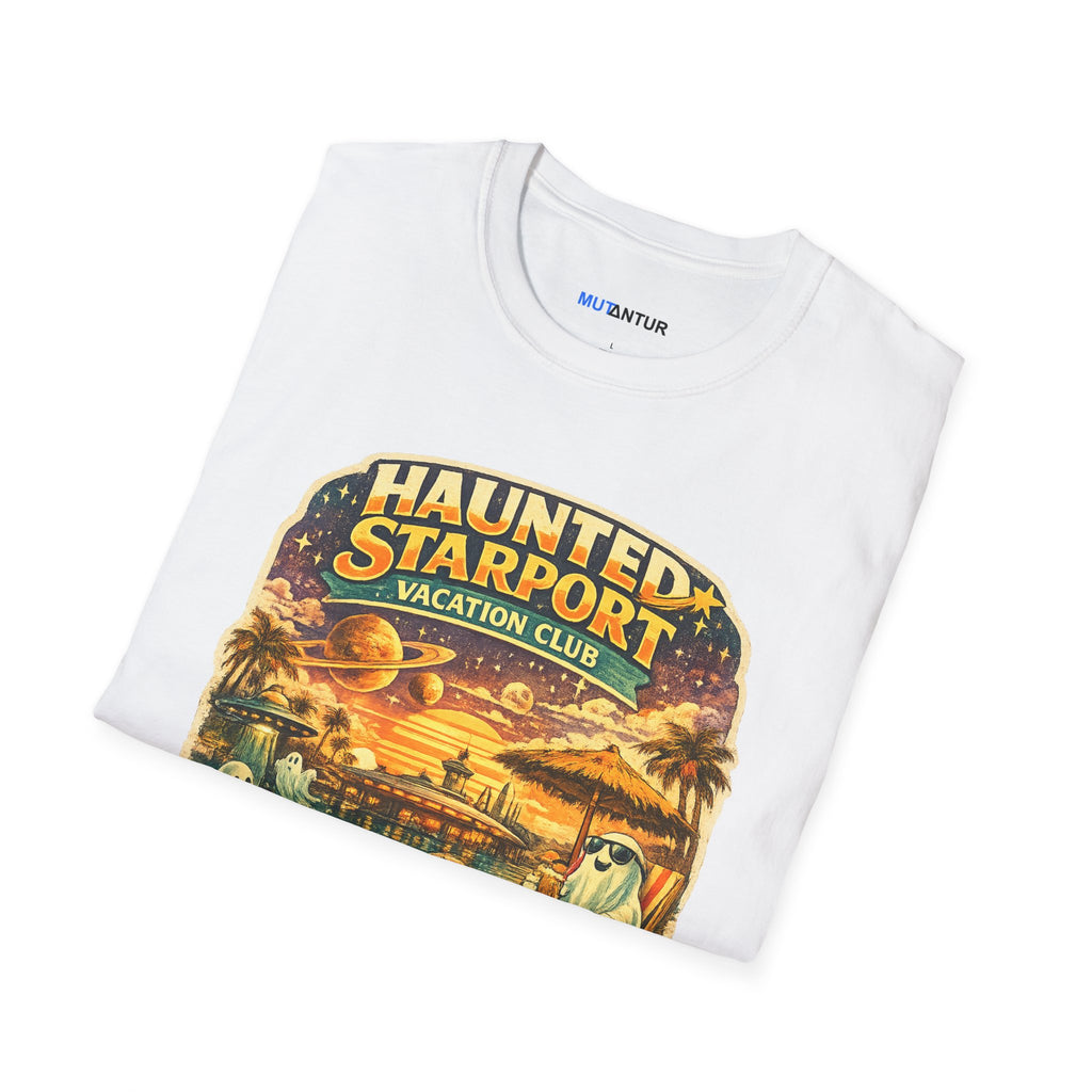 Haunted Starport Vacation Club T-Shirt – Funny Retro Sci-Fi Summerween Tee - Mutantur Labs LLC