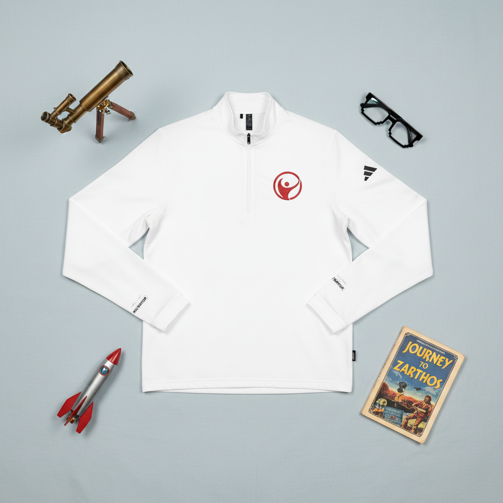 Quarter-zip pullover with red Intrepid logo, lifestyle shot