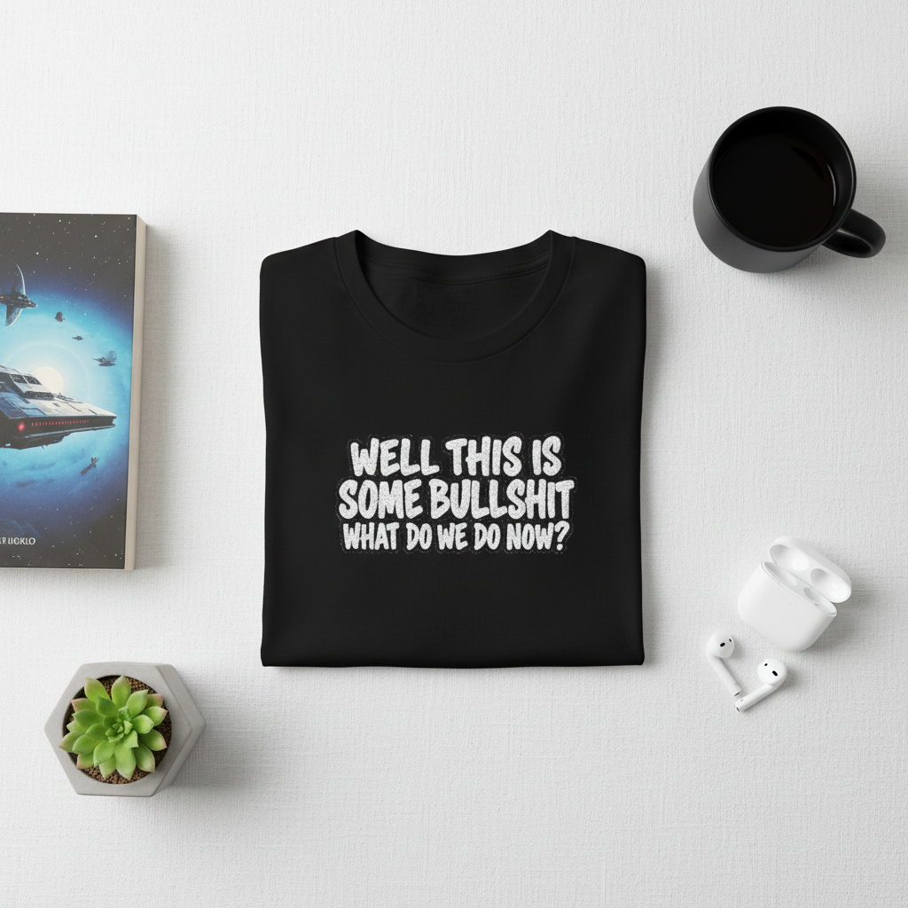 Black hoodie with white text that says 'Well This Is Some Bullshit, What Do We Do Now?' against a white background.