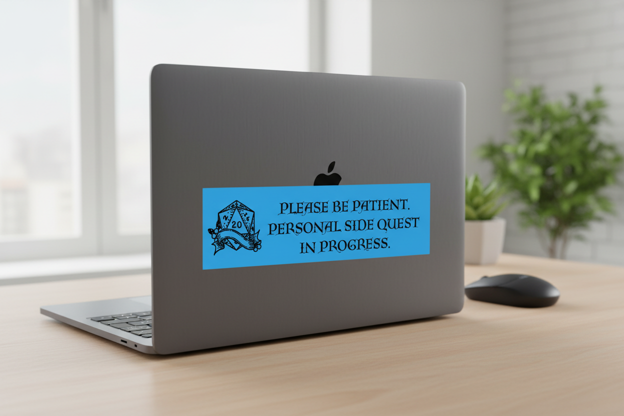 Personal Side Quest in Progress D20 gamer bumper sticker, alternate angle