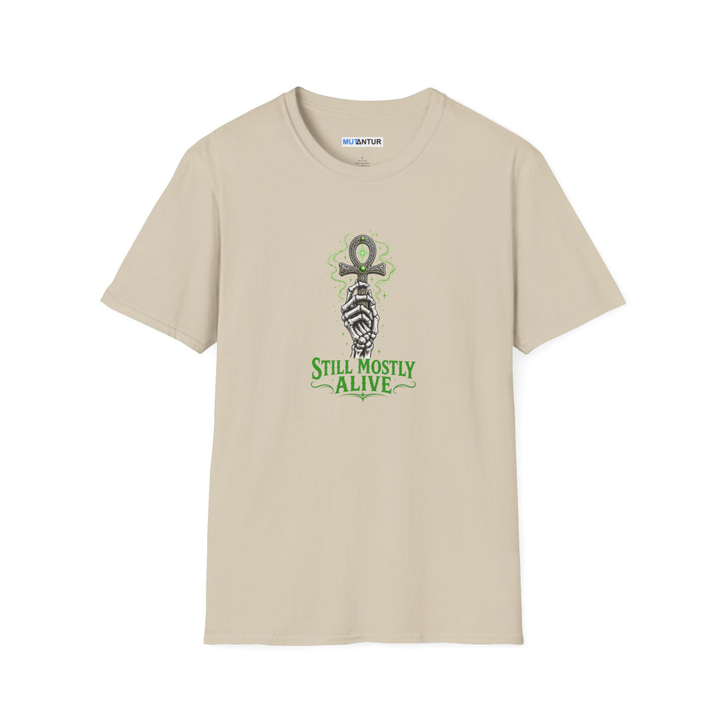 Beige  shirt with skeleton hand holding an Ankh with the words Still Mostly alive