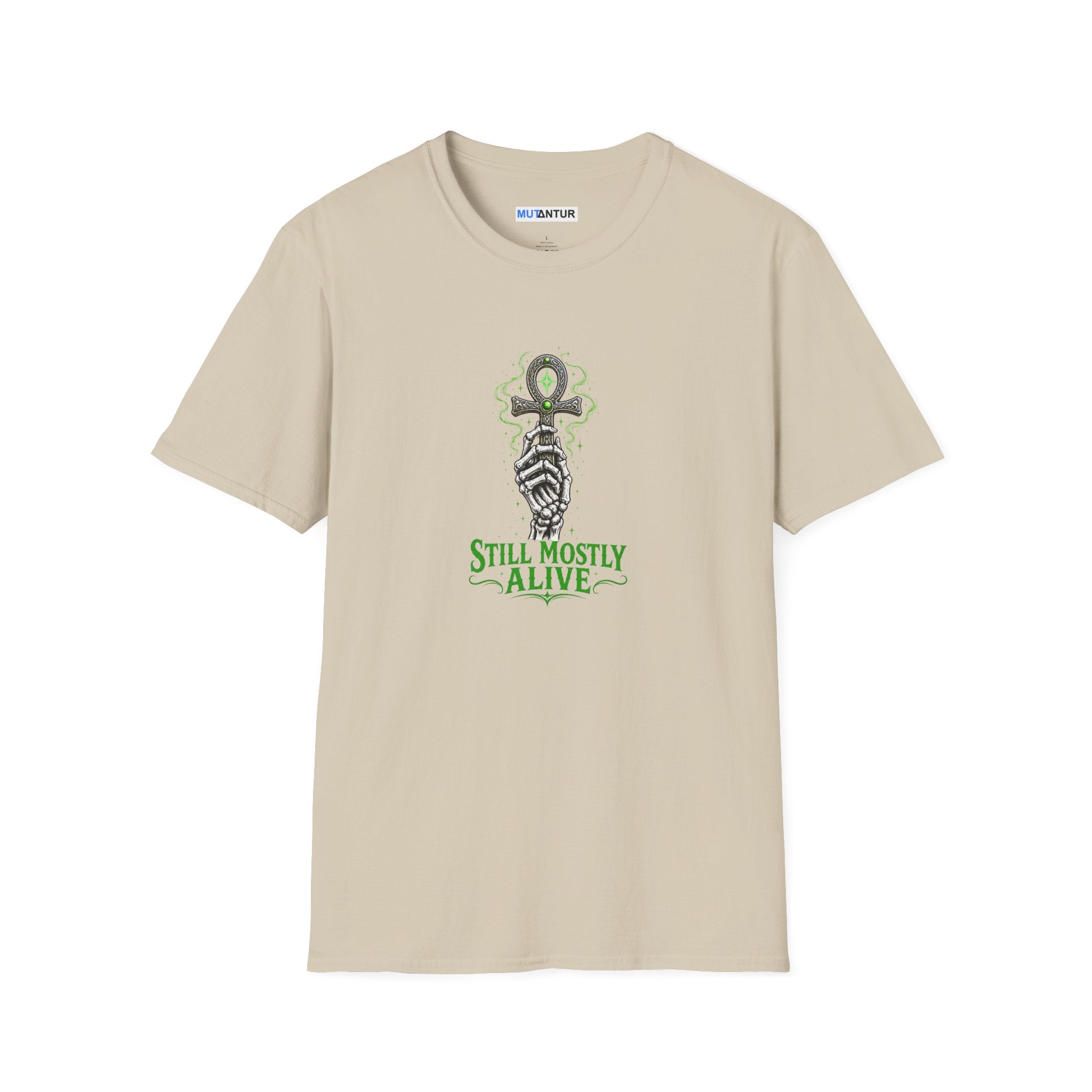 Beige  shirt with skeleton hand holding an Ankh with the words Still Mostly alive