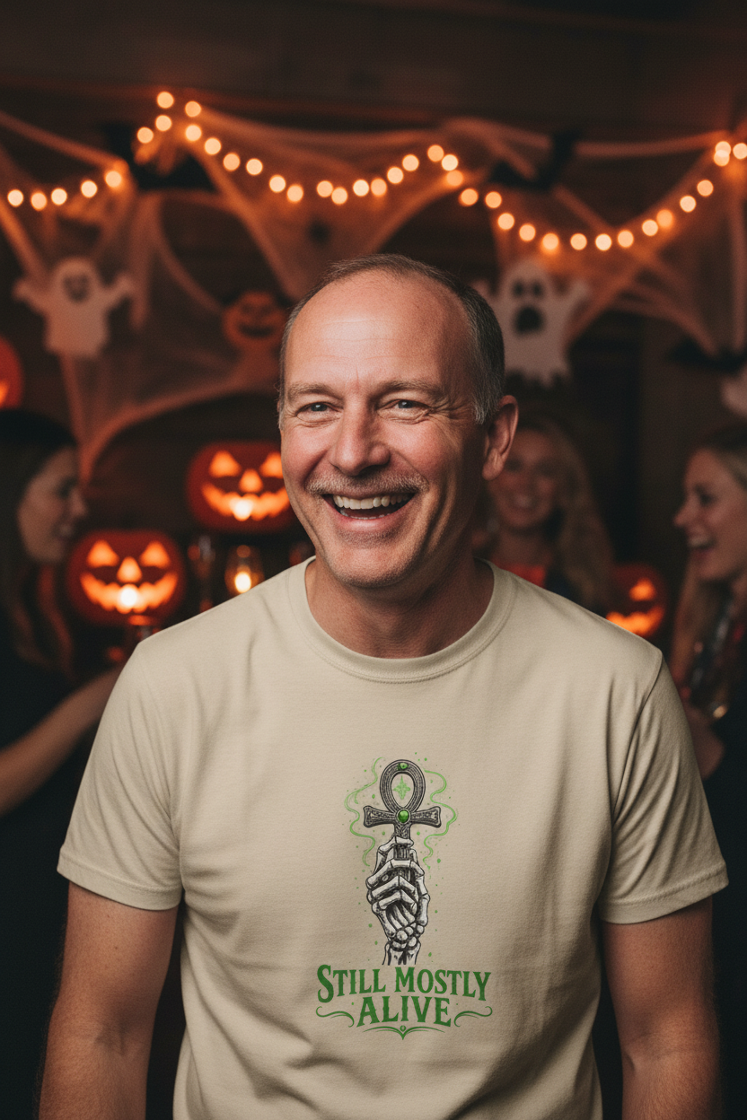 Beige  shirt with skeleton hand holding an Ankh with the words Still Mostly alive
