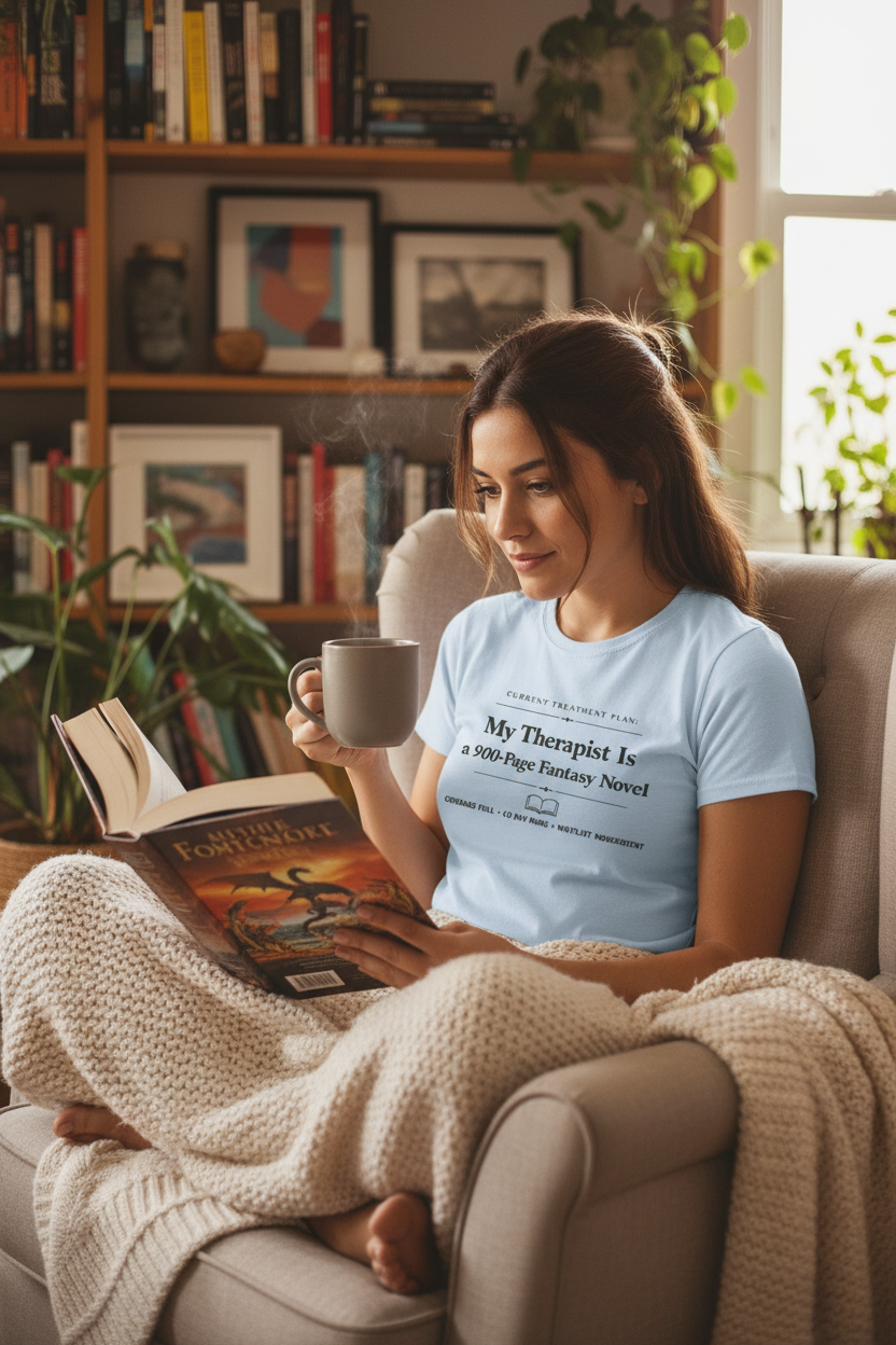 My Therapist Is a 900-Page Fantasy Novel T-Shirt — Funny Book Lover Tee for Readers & Bookworms