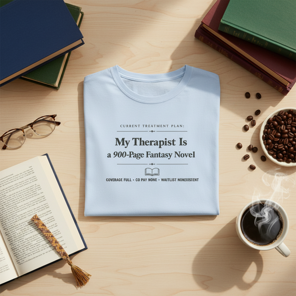My Therapist Is a 900-Page Fantasy Novel T-Shirt — Funny Book Lover Tee for Readers & Bookworms