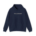 A nav pullover hoodie with a front kangaroo pocket and a blue printed text graphic reading' Viva La Revolucion  'on the chest, displayed against a clean white background. blue 