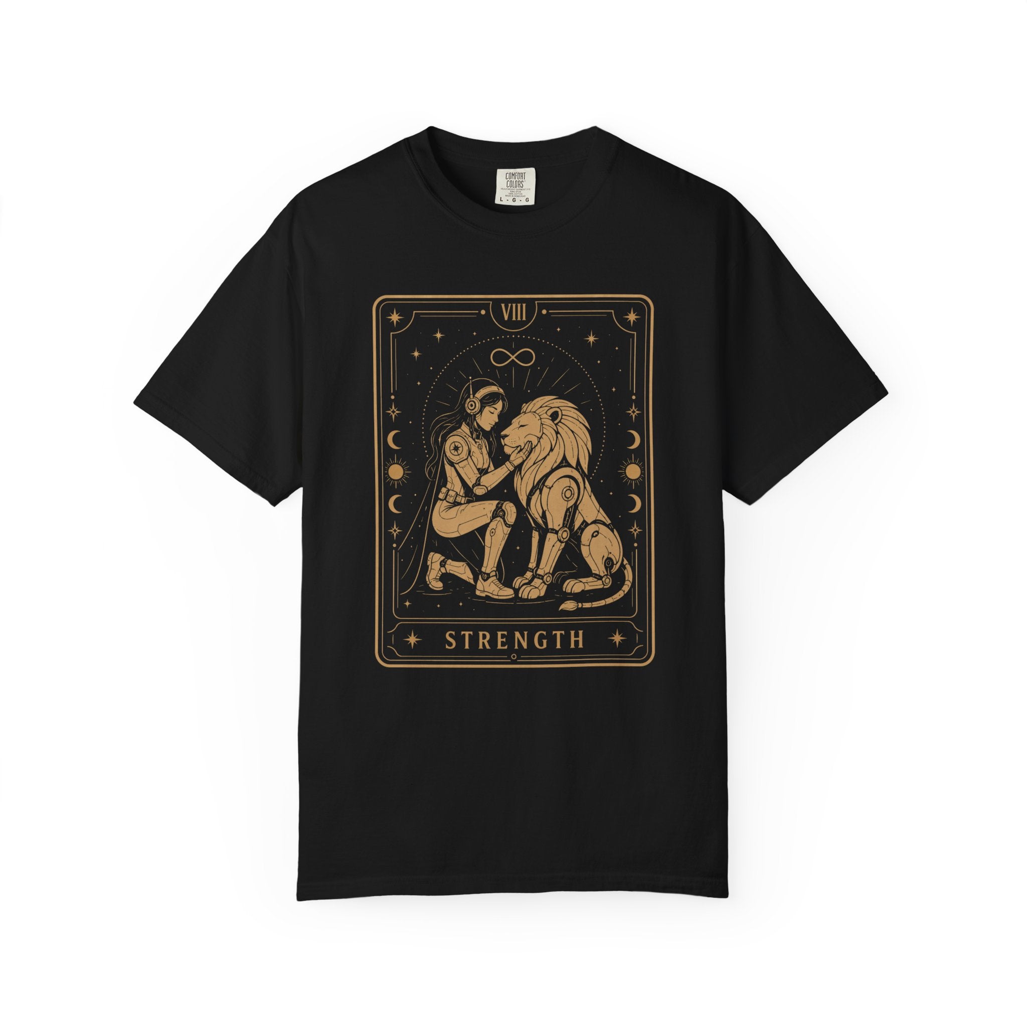 A black short-sleeve crewneck t-shirt featuring a large graphic print of the 'Strength' tarot card in a gold color on the front, displayed against a solid white background.