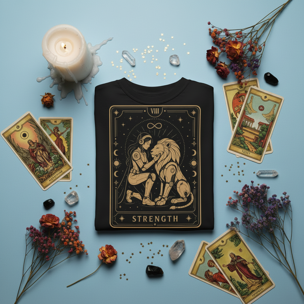 A black short-sleeve crewneck t-shirt featuring a large graphic print of the 'Strength' tarot card in a gold color on the front, displayed against a solid white background.