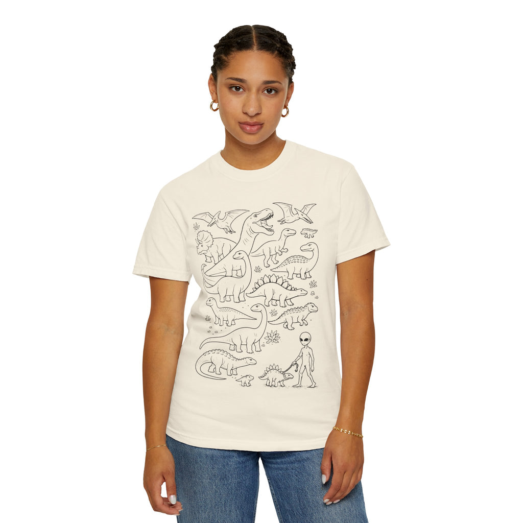 Alien and Dinosaur T-Shirt | Funny Line Art Graphic Tee - Mutantur Labs LLC
