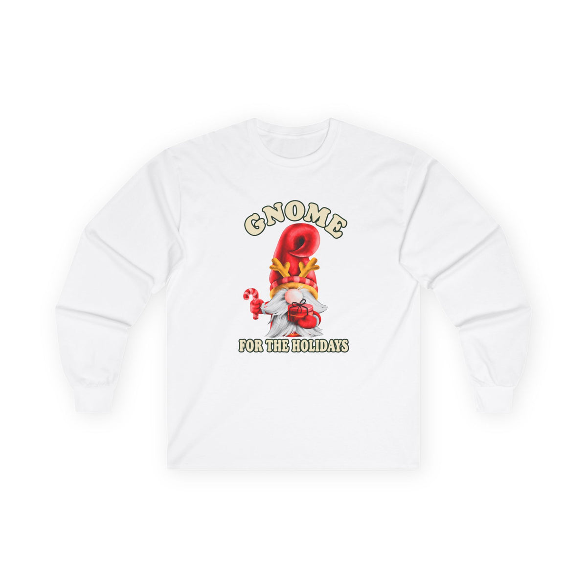A white long-sleeve t-shirt with a festive gnome graphic on the chest. The graphic features a red gnome figure wearing a yellow hat, holding a small red gift box, with the text 'GNOME FOR THE HOLIDAYS' in a stylized font.