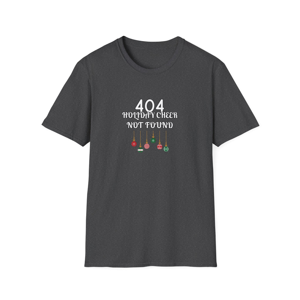 A grey crewneck t-shirt with a graphic on the chest that reads '404 HOLIDAY GIRL NOT FOUND' in white text above three small hanging ornaments in red, green, and black, displayed on a solid white background.