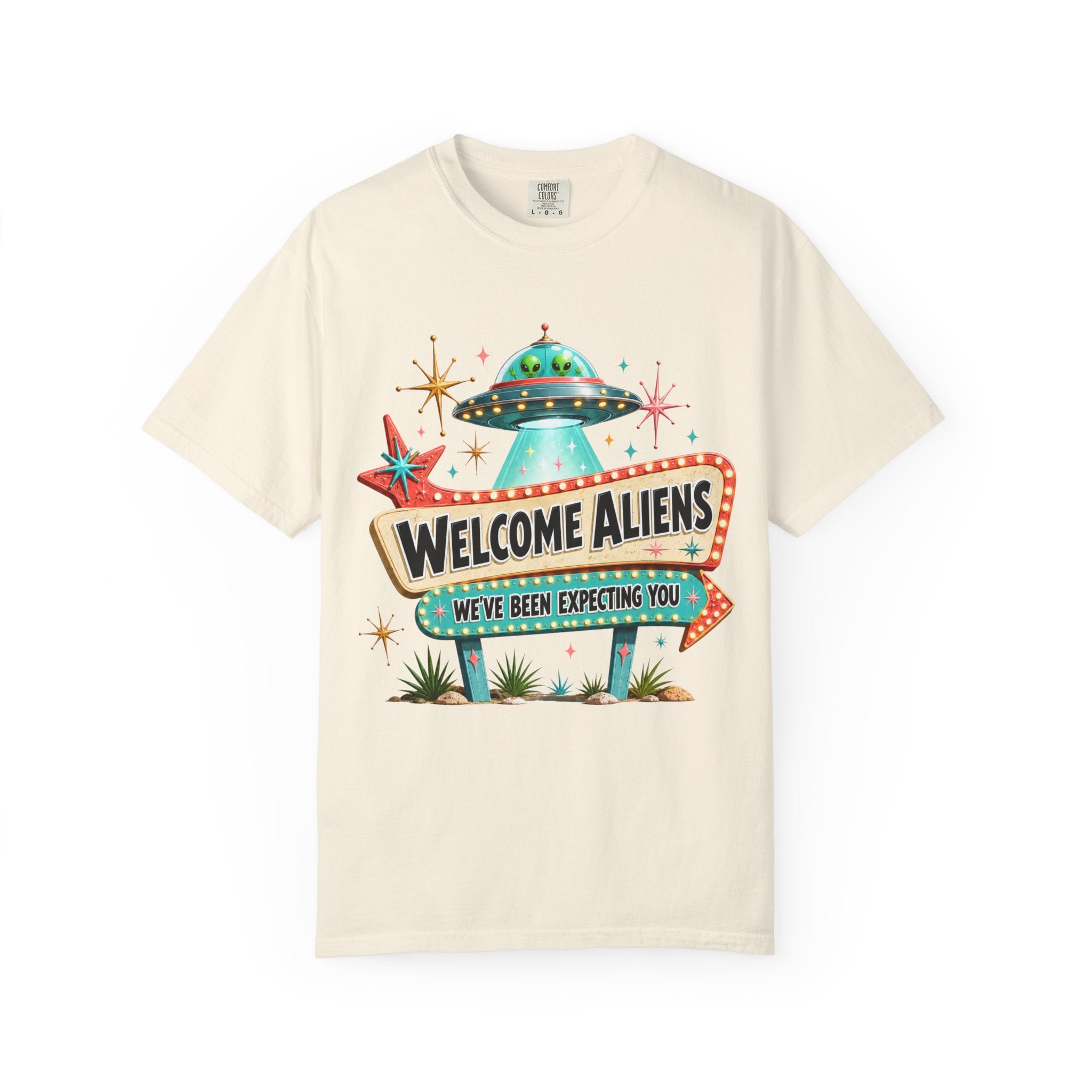 Welcome Aliens retro UFO Las Vegas sign Comfort Colors graphic tee, flat lay