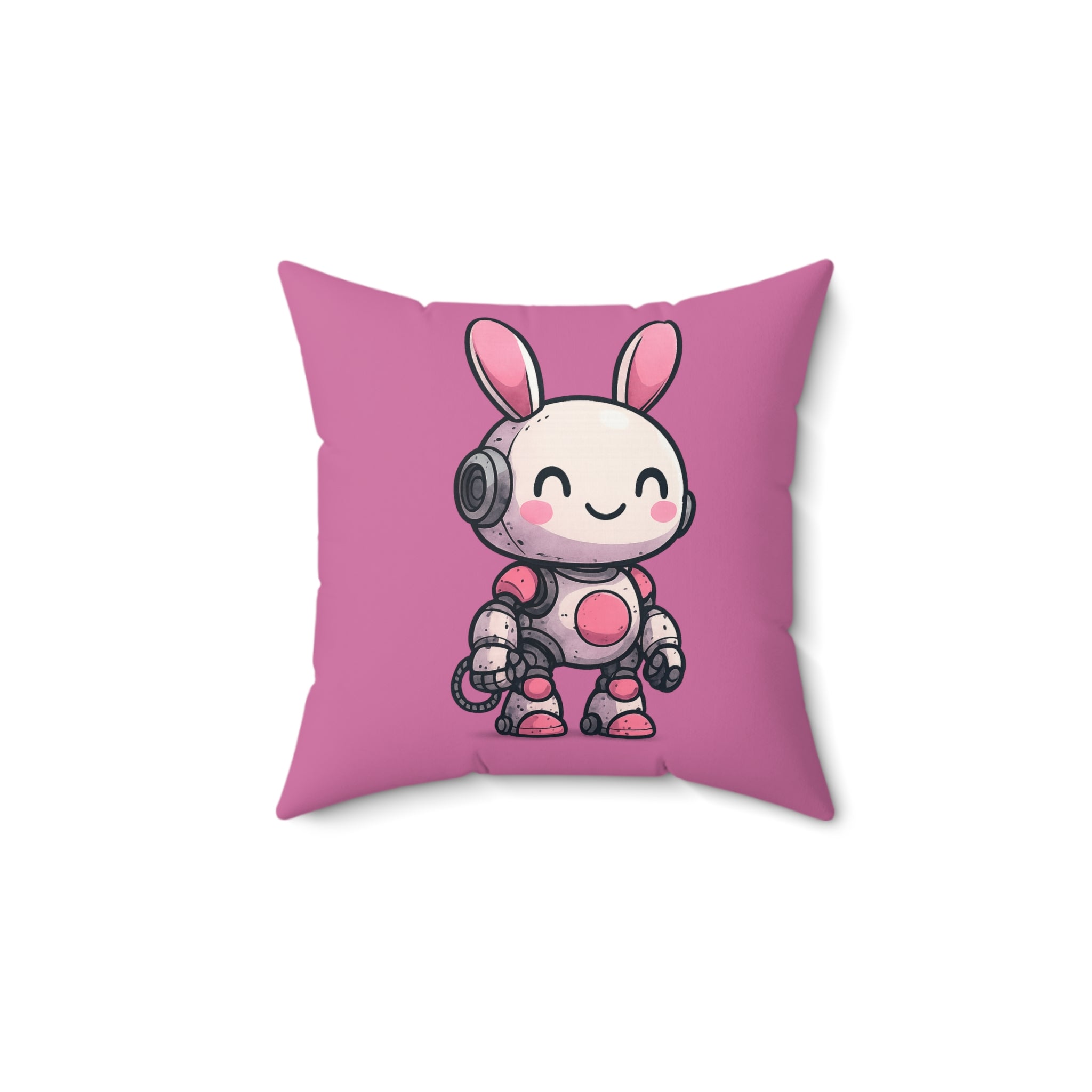 Happy Pink Robot Pillow – Whimsical Robot Bunny Square Throw Pillow