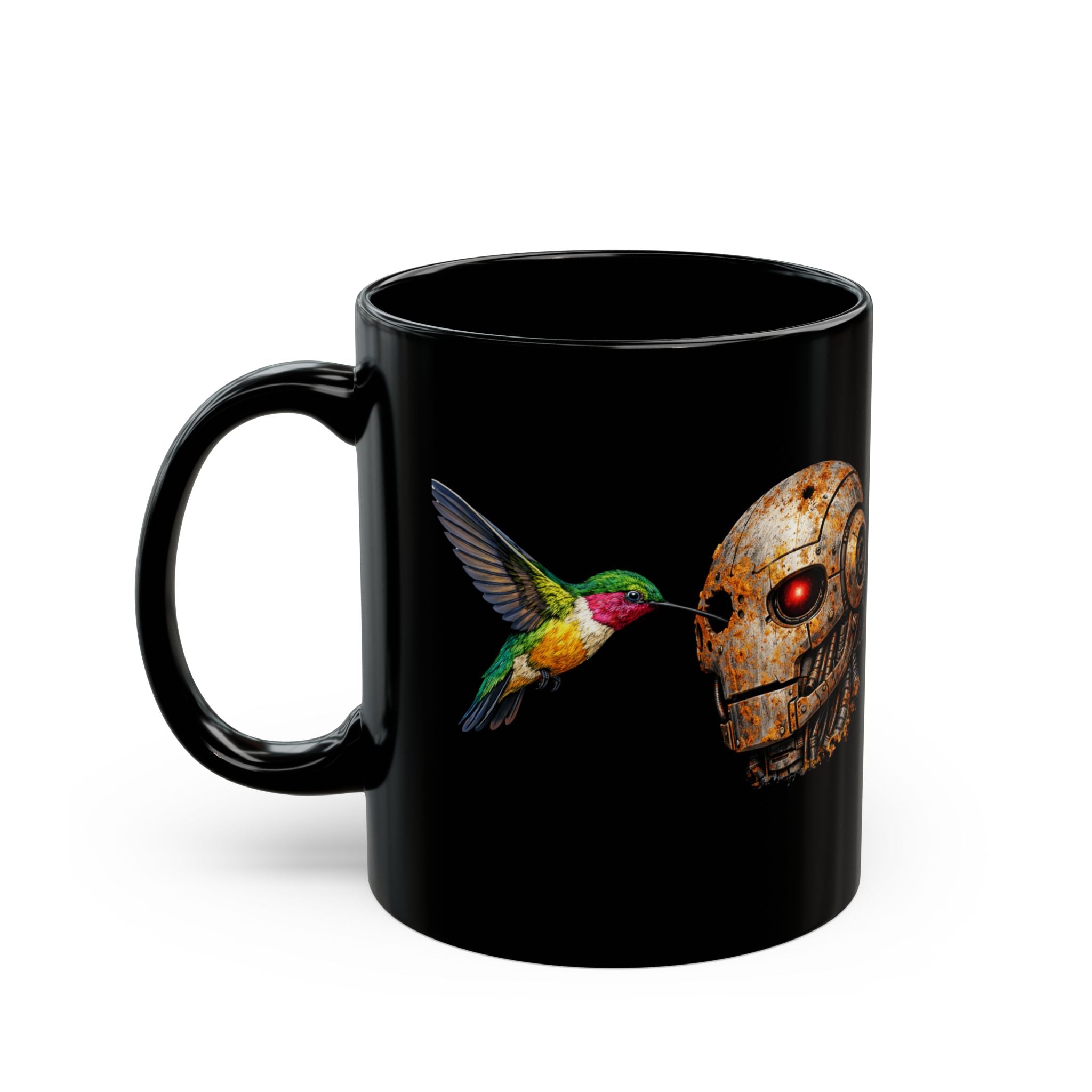 Steampunk Robot Skull and Hummingbird Mug — Black Ceramic Coffee Cup - Mutantur Labs LLC