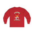 A red long-sleeve t-shirt with a festive gnome graphic on the chest. The graphic features the text 'GNOME FOR THE HOLIDAYS' in a stylized font, surrounding an illustration of a white and red gnome wearing a red hat and holding a candy cane, set against a plain white background.