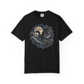A black short-sleeve crewneck t-shirt featuring a detailed graphic print of a black dragon riding a broomstick in front of a full moon and dark clouds.