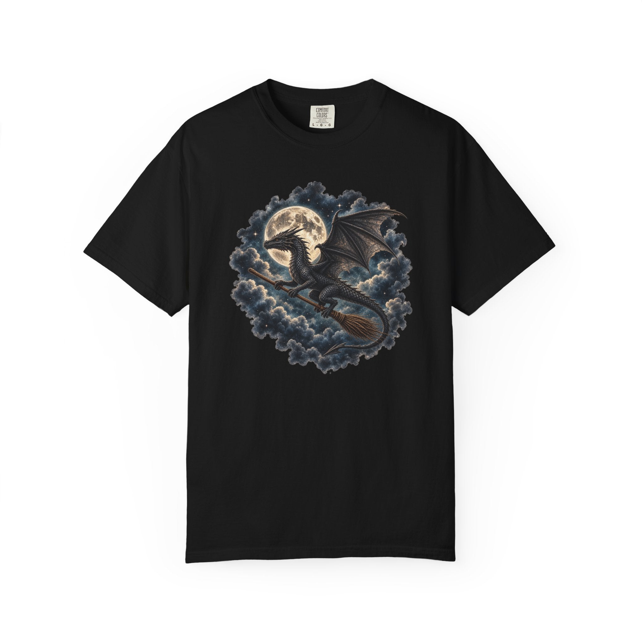 A black short-sleeve crewneck t-shirt featuring a detailed graphic print of a black dragon riding a broomstick in front of a full moon and dark clouds.
