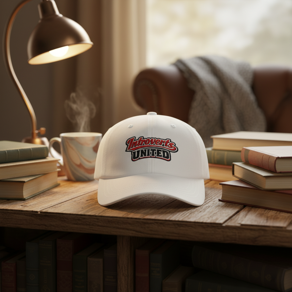 Introverts United embroidered dad cap, front view