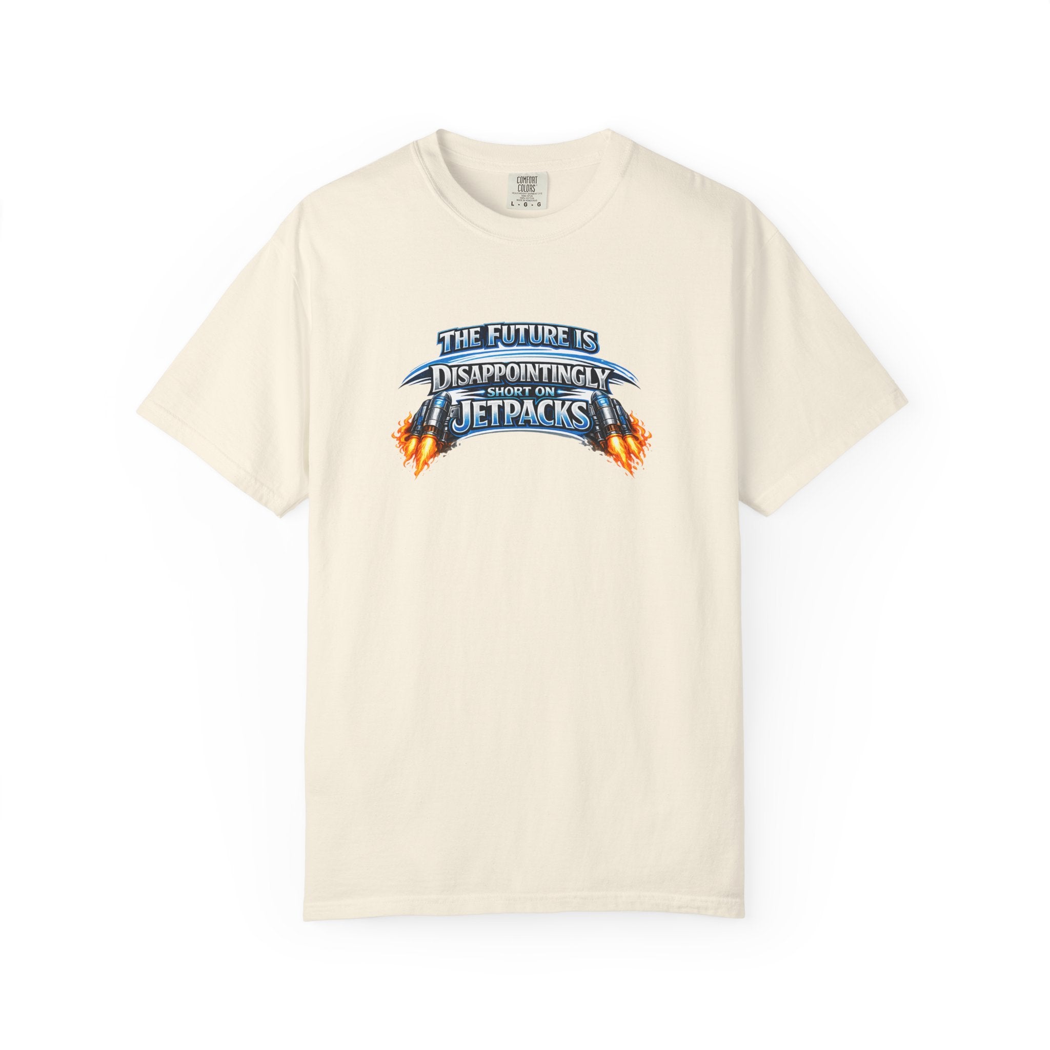 A beige short-sleeve crewneck t-shirt featuring a graphic print on the chest that reads 'THE FUTURE IS DISAPPOINTINGLY SHORT ON JETPACKS' in stylized blue and orange lettering with flame effects.
