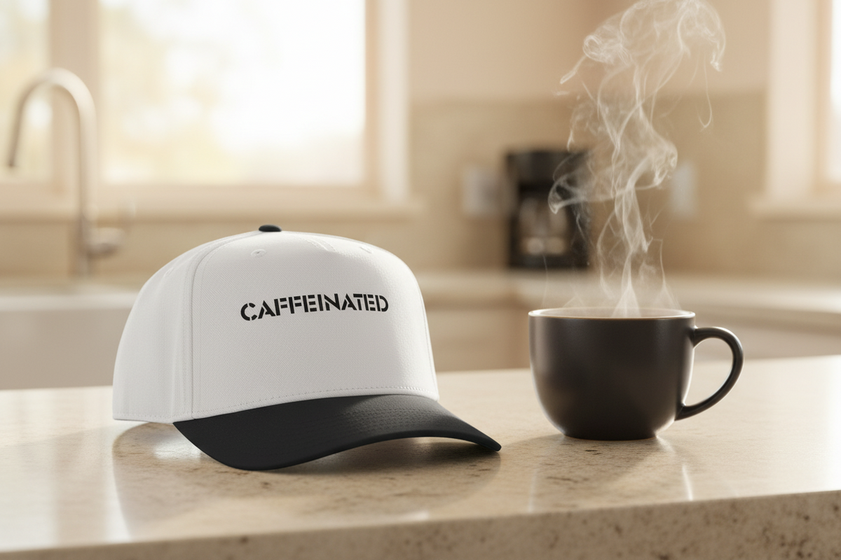 Caffeinated coffee lover baseball cap, lifestyle shot