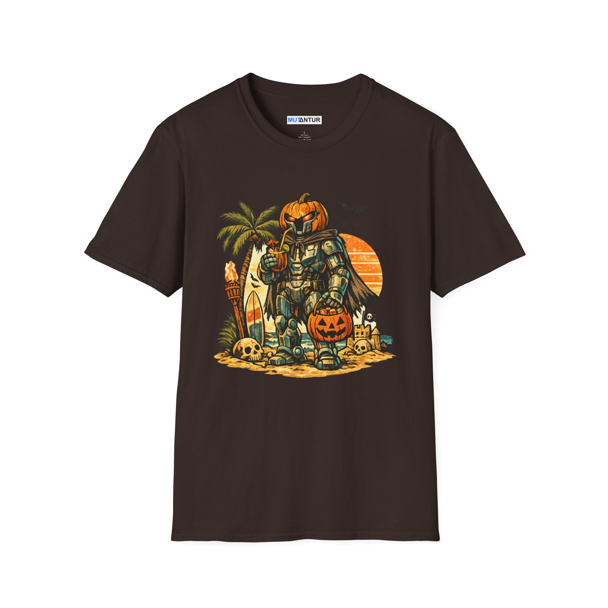 Summerween Beach Robot T-Shirt — Pumpkin-Head Robot Surfing Sunset Tee - Mutantur Labs LLC
