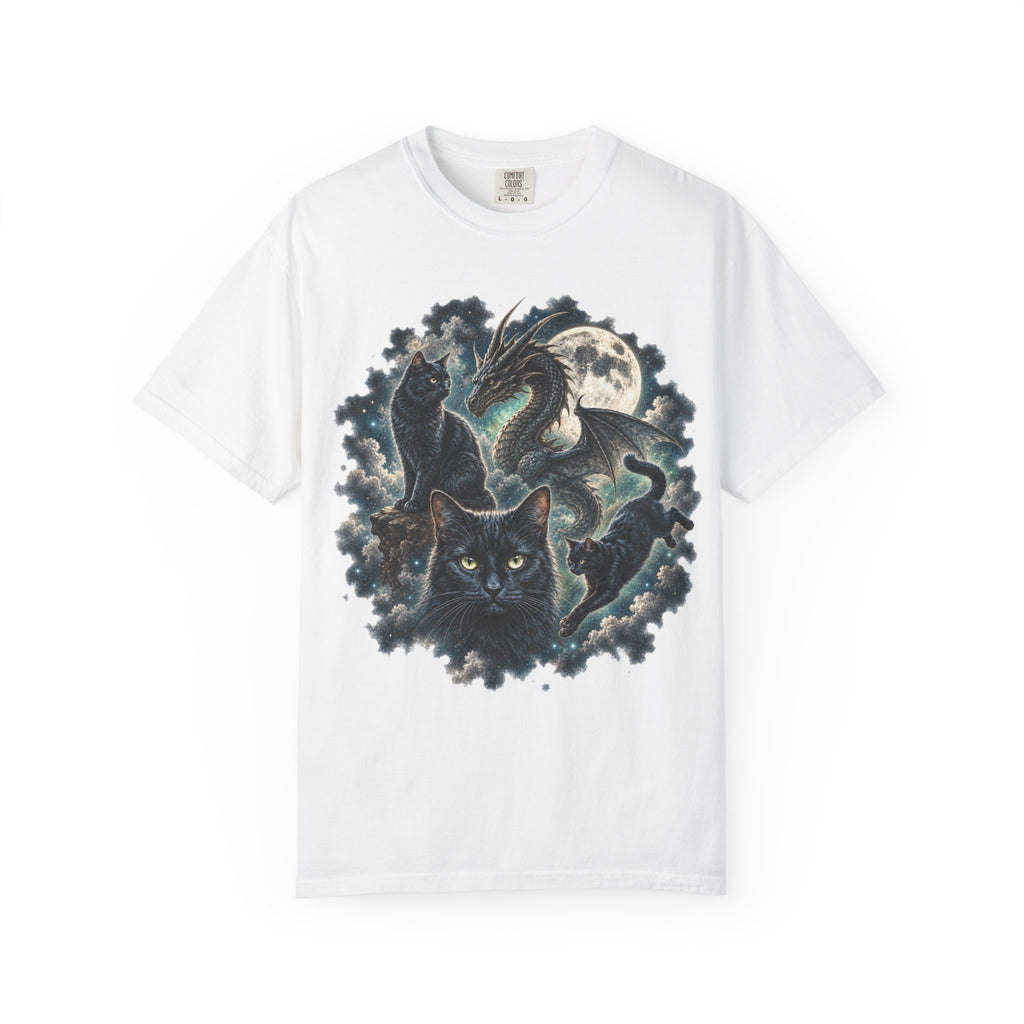 A white short-sleeve crewneck t-shirt featuring a detailed graphic print of a black cat and a dragon amidst dark clouds and a full moon.